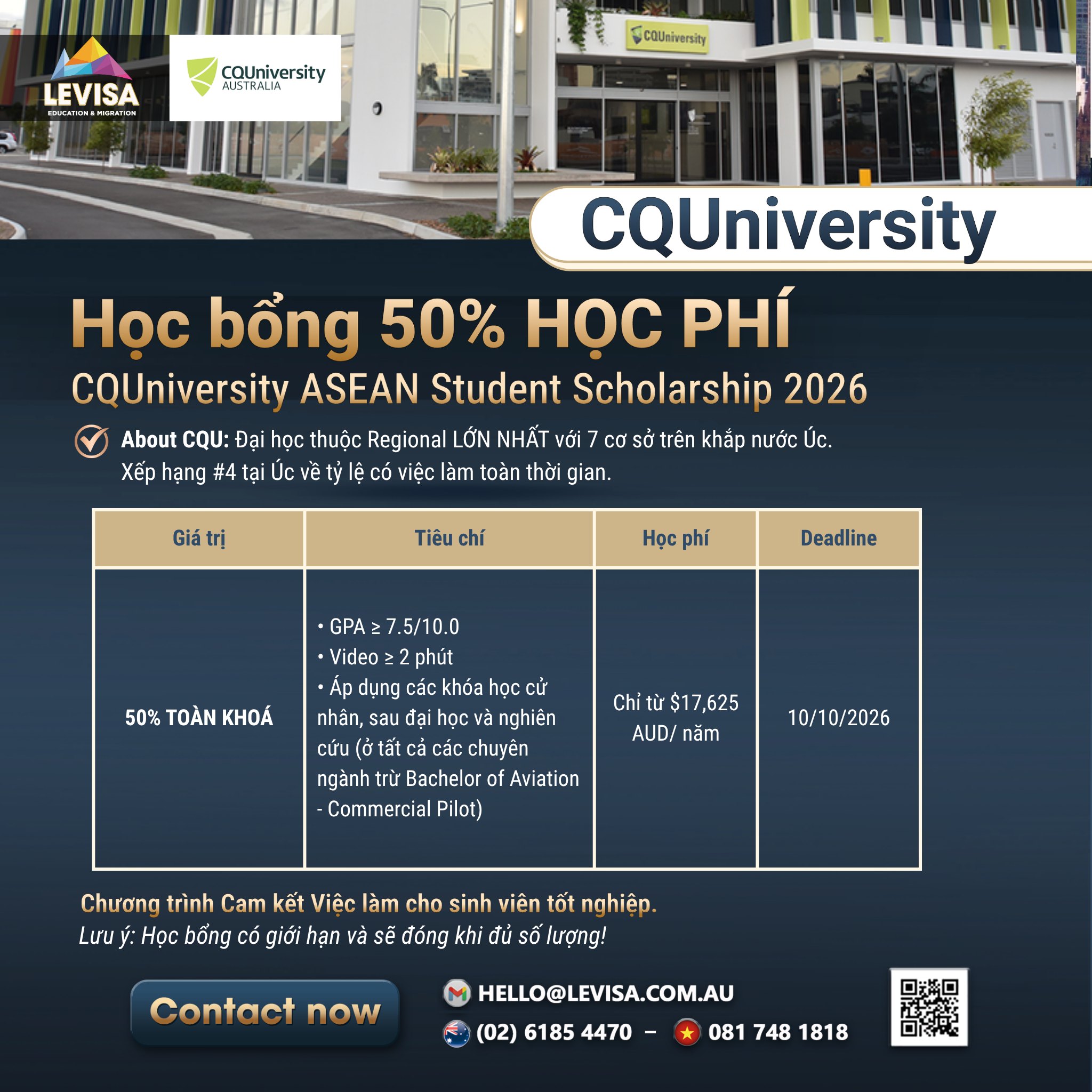 Học bổng CQUniversity Australia 2026 giảm 50% học phí cho sinh viên ASEAN tại Australia